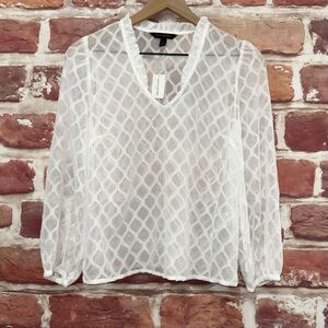 Banana Republic Top Shirt Womens XS White Diamond Abstract Burnout Sheer Popover